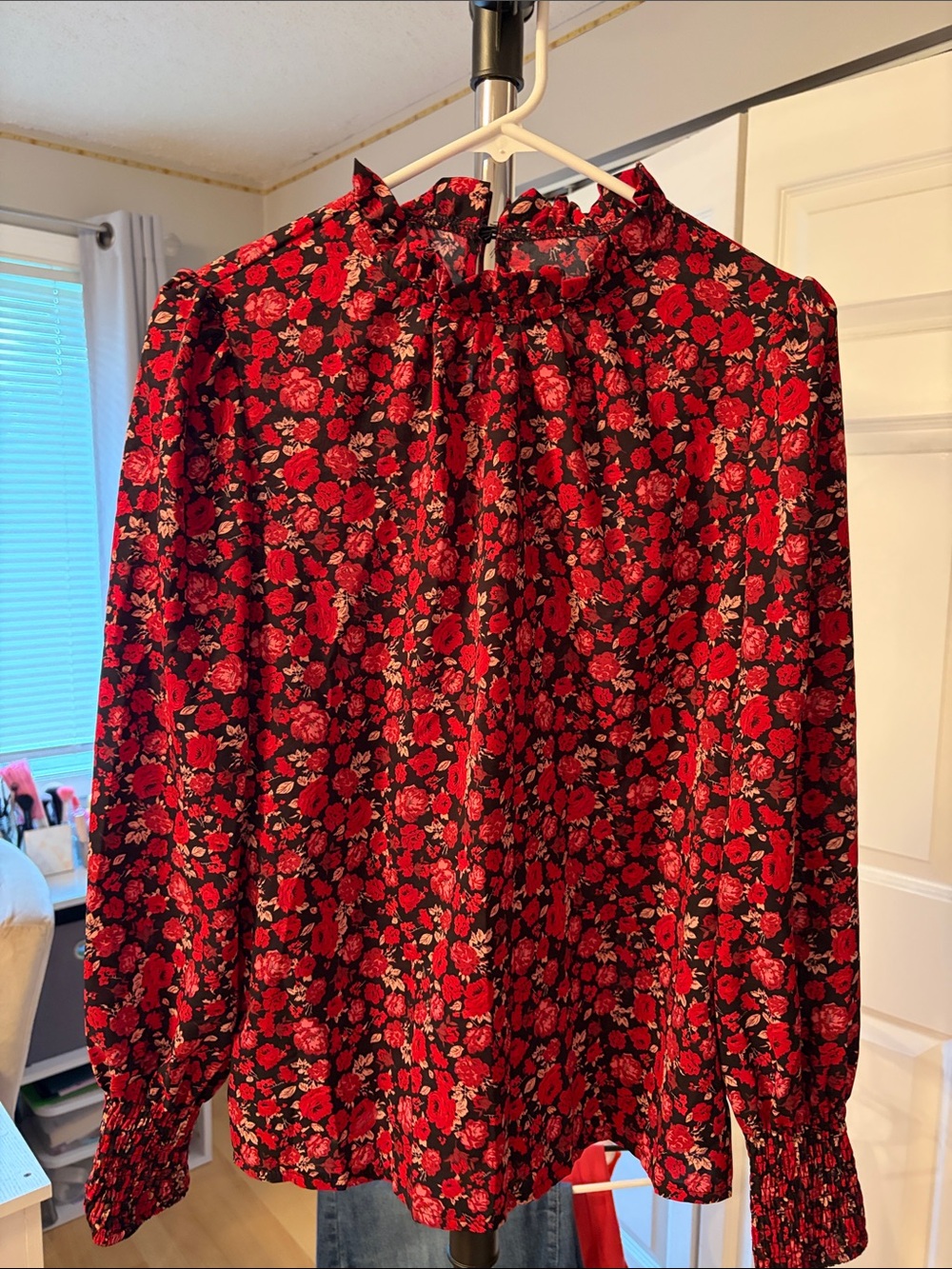 SHEIN Red Floral Ruffle-Neck Long Sleeve Blouse